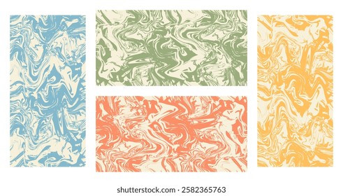 Abstract swirl backgrounds. Set of modern vector patterns. Twisted and distorted seamless repeating liquid texture.  Retro pastel colors. Mixing and motion creative design for covers and brochures.