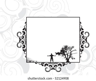 Abstract swirl banner background with man raising his hands. Vector illustration.