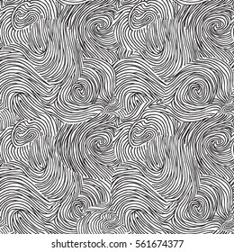 Abstract Swirl Chaotic Line Doodle Seamless Pattern. Ocean Wave Black And White Textured Background