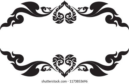 Abstract Swirl Floral Heart and Wings Frame, Southeast Asia Traditional Thai Cambodia and Laos Artwork Style, Designed for Artwork Frame Tattoo Fabric Pattern Texture Wallpaper Backdrop Background