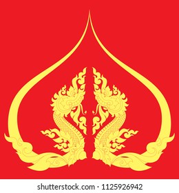 Abstract Swirl Floral Naga (Dragon) with Praying Hand and Bodhi Leaf Shaped Traditional Thailand Artwork Style