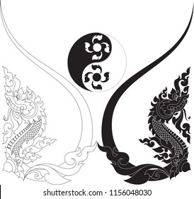 Abstract Swirl Floral Naga (Dragon) and Yin Yang Symbol, Southeast Asia Traditional Thai Laos and Cambodia Artwork Style, Balancing Act Concept, Designed For Artworks Tattoo Frame Pattern Background