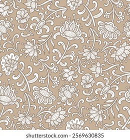 Abstract swirl flowers, paisley pattern, beige and white colors. Seamless floral pattern-572.