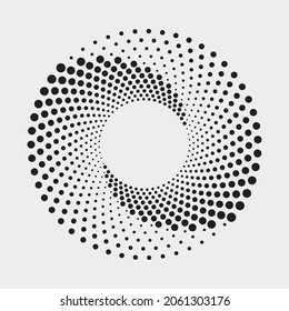 Resumen del logotipo de media tonalidad de swirl. Logo de puntos circulares aislado en el fondo blanco. La textura de los puntos del círculo semitónico. Elemento de diseño de vectores para diversos fines.