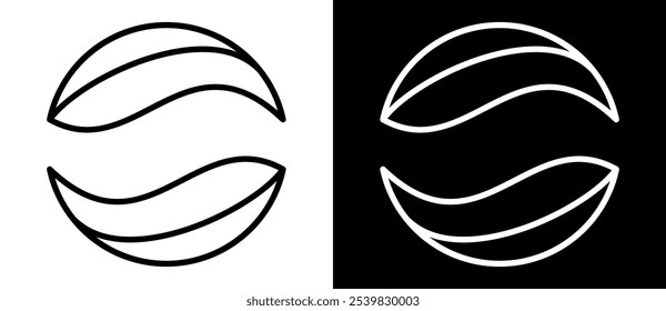 Abstract swirl leaf in circle as ecology logo or icon. Black shape on a white background and the same white shape on the black side.