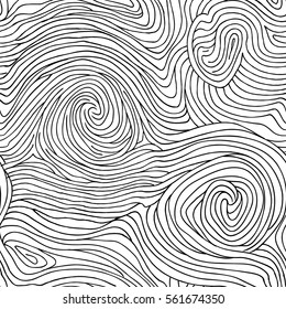 Abstract swirl line doodle seamless pattern. Wooden wave texture. black and white background