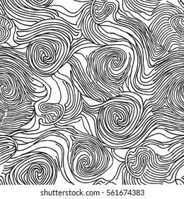 Abstract swirl line doodle seamless pattern. Textured black and white background