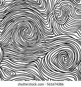 Abstract swirl line doodle seamless pattern. Wooden wave texture. black and white background