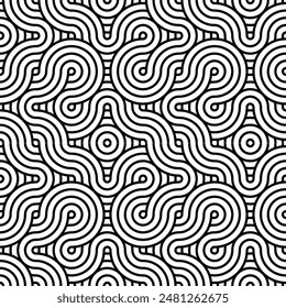 Abstract swirl pattern background. Seamless wavy line texture and concentric circles design. Black and white spiral geometric pattern for interiors, textiles, tiles, Printing, Textures, Fabrics, Cover