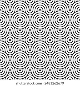 Abstract swirl pattern background. Seamless wavy line texture and concentric circles design. Black and white spiral geometric pattern for interiors, textiles, tiles, Printing, Textures, Fabrics, Cover