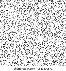 Abstraktes wirbelloses Muster in Schwarz-Weiß mit Blumen- und Herzformen. Rahmenvektorgrafik, nahtlos wiederholter Hintergrund. Dekorativ gezogene Illustration.