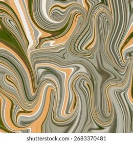 Padrão de redemoinho abstrato em tons bege e verde terrosos, criando texturas de mármore fluido para fundos modernos, design de interiores e conceitos de arte digital.