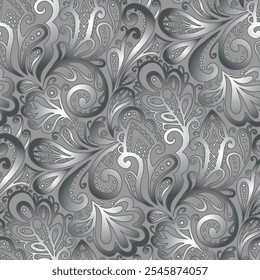 Abstract swirl pattern, grey color ornamental flowers. Seamless floral pattern-489.