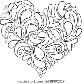 Abstract Swirl Pattern Heart Line Art, A black and white outline illustration of a heart shape filled with an intricate abstract pattern of swirling lines, paisley-like drops, and small circles.