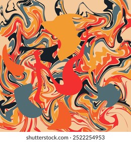 Abstract swirl pattern with red, orange, blue, and black shapes suitable for backgrounds, digital art, wallpapers, and artistic designs.