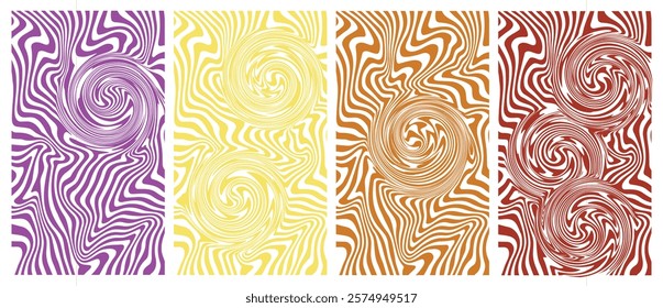 Abstract Swirl Patterns in Varied Colors, A Series of Four Vertically Arranged Panels with Optical Illusion Wavy Lines Creating Spiraling Shapes in Purple, Yellow, Orange, and Red,