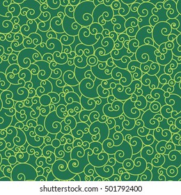 Abstract swirl and round seamless pattern.Yellow shell shapes on green background. New year and christmas print.