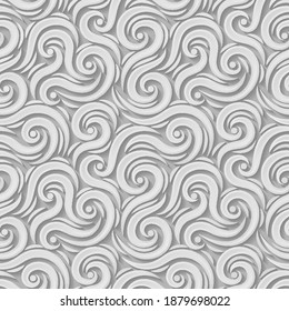 Abstract swirl seamless background in white. Curls with shadow. Stock vector illustration.