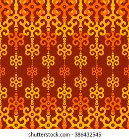 Abstract Swirl Seamless Pattern for Textile Design. Orange and Yellow Scroll Items Ordered on Lines. Decorative Vector Background in Vintage Style
