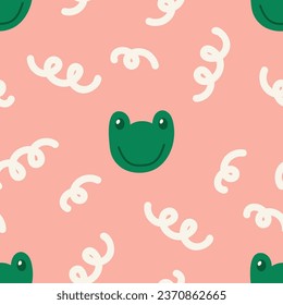 Abstract swirl shapes with frog modern childish seamless pattern. Hand drawn vector illustration. Creative repeatable wallpaper background