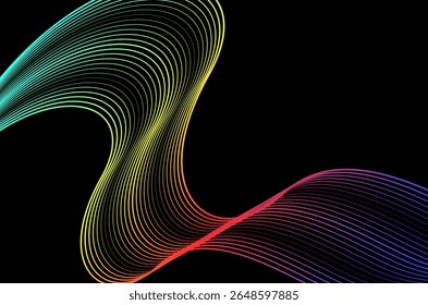 Abstract swirl stripes line colourful on black background. Luxury, bright and modern concept with copy space.
