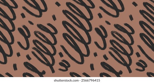 Abstract swirled lines seamless pattern. Curved grunge stroke endless background. Wavy black brush ink shapes repeat cover. Tribal continuous ornament. Confetti vector hand drawn monochrome motif.