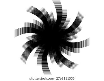 Abstract swirling black pattern on a white background with striped petals. Flower, star, sun. Flash. Modern vector background for covers, advertising, packaging, printing, interior. Design element. Thin lines, striped halftones.