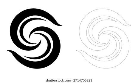 Abstract swirling black 's' shape or hurricane symbol on a clean white background