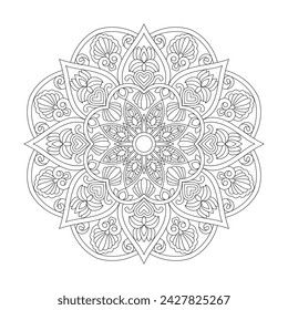 Resumen Swirling Bliss Mandala página de libro para colorear para el interior del libro kdp. Pétalos pacíficos, Habilidad para relajarse, Experiencias cerebrales, Paraíso armonioso, Retratos pacíficos, Belleza floreciente, diseño de mandala.