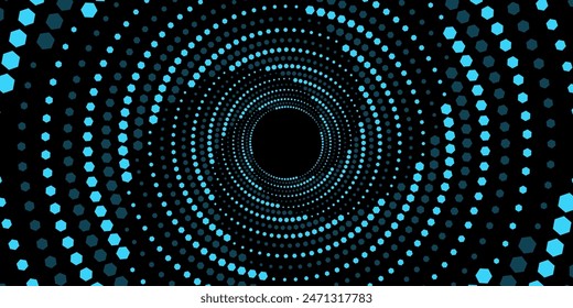 Abstract swirling circles of blue hexagons. Big Data visualization into cyberspace. Vortex pattern of honeycombs. Modern futuristic background. Vector illustration. EPS 10.