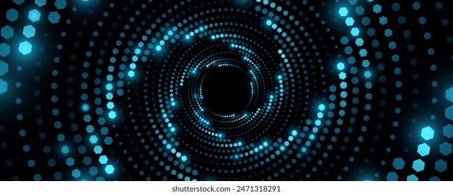 Abstract swirling circles of glowing blue hexagons. Big Data visualization into cyberspace. Vortex pattern of honeycombs with light effect. Futuristic background. Vector illustration.