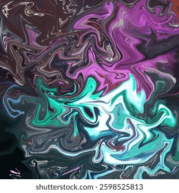 An abstract swirling design featuring purple, teal, and black with fluid, marble-like patterns and vibrant accents.
