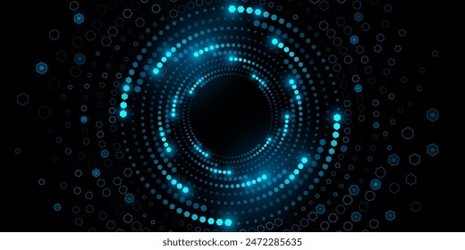 Abstract swirling digital circles of glowing hexagons. Big Data visualization into cyberspace. Pattern of honeycombs with light effect. Modern technology background. Vector illustration.