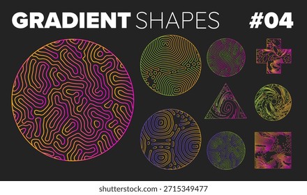 Abstractas líneas de gradiente de remolino en rosa neón, verde, amarillo y púrpura, formando varias Formas redondas y geométricas. Ilustración vectorial conceptual para el diseño moderno Y2K, arte abstracto y temas de creatividad digital.
