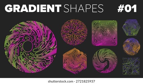Abstractas líneas de gradiente de remolino en rosa neón, verde, amarillo y púrpura, formando varias Formas redondas y geométricas. Ilustración vectorial conceptual para el diseño moderno Y2K, arte abstracto y temas de creatividad digital.
