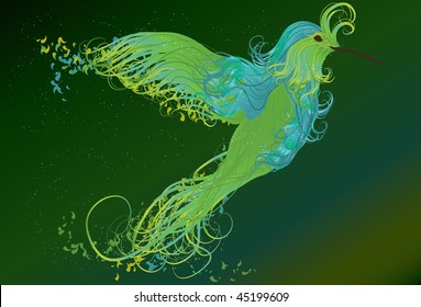 Abstract swirling humming bird illustration.