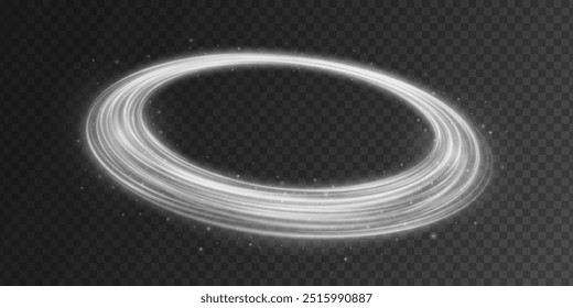 Efeito de luz de giro abstrato no fundo transparente escuro. Rastreamento de anel branco brilhante. Vórtice de luzes. Ilustração vetorial. EPS 10.
