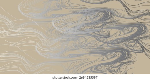 Abstract Swirling Lines in Silver and Gray on Beige Background