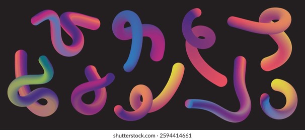 Abstract swirling neon shapes set on black, Linear rainbow fluid spirals, Vector illustration.