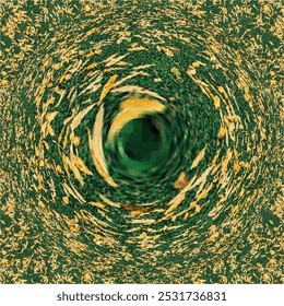 abstraktes wirbelndes Muster Herbstwirbel, Mischung aus grünem Gras und gelb gefallenen Blättern. Illusion der Bewegung, Farben verschmelzen und verdrehen sich zu einem dunkleren Grün, die Natur wird in eine Spirale gezogen