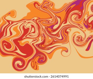 Abstract, swirling pattern of colors.  Warm, vibrant hues of orange, red, and shades of purple blend and flow in a marbled, liquid-like effect.  The background is a pale