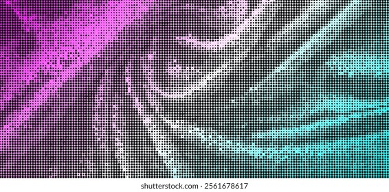 Abstract swirling pattern composed of green and purple. The pattern consists of countless tiny dots, creating a gradient effect. The rotating shapes and the gradation of colors make this image highly 