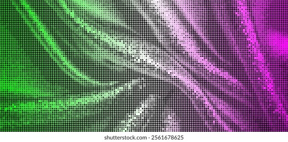 Abstract swirling pattern composed of green and purple. The pattern consists of countless tiny dots, creating a gradient effect. The rotating shapes and the gradation of colors make this image highly 