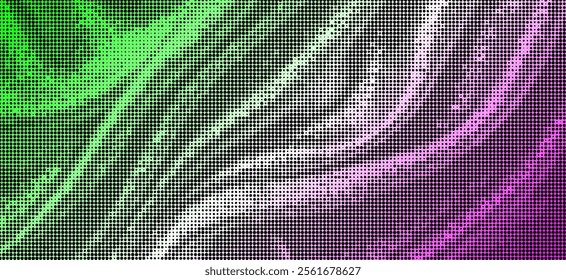 Abstract swirling pattern composed of green and purple. The pattern consists of countless tiny dots, creating a gradient effect. The rotating shapes and the gradation of colors make this image highly 