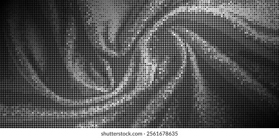 Abstract swirling pattern composed of green and purple. The pattern consists of countless tiny dots, creating a gradient effect. The rotating shapes and the gradation of colors make this image highly 