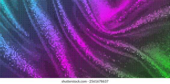 Abstract swirling pattern composed of green and purple. The pattern consists of countless tiny dots, creating a gradient effect. The rotating shapes and the gradation of colors make this image highly 