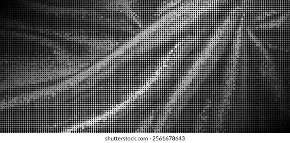 Abstract swirling pattern composed of green and purple. The pattern consists of countless tiny dots, creating a gradient effect. The rotating shapes and the gradation of colors make this image highly 