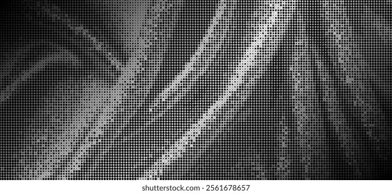 Abstract swirling pattern composed of green and purple. The pattern consists of countless tiny dots, creating a gradient effect. The rotating shapes and the gradation of colors make this image highly 