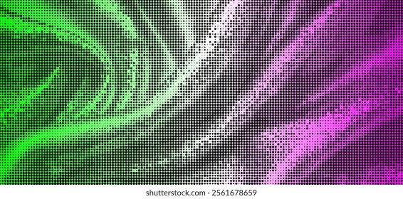 Abstract swirling pattern composed of green and purple. The pattern consists of countless tiny dots, creating a gradient effect. The rotating shapes and the gradation of colors make this image highly 