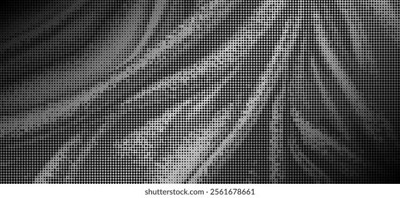 Abstract swirling pattern composed of green and purple. The pattern consists of countless tiny dots, creating a gradient effect. The rotating shapes and the gradation of colors make this image highly 